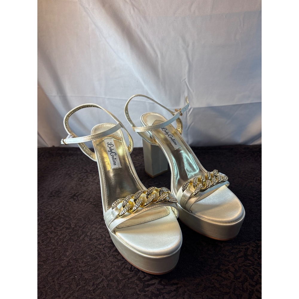 Lady Couture‎ Champagne Satin Rhinestone Chain Platform Block Heel Sandals 10